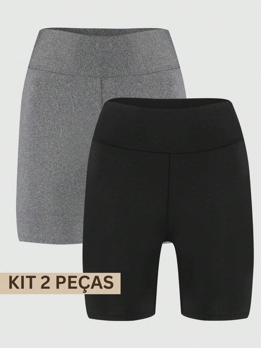 Kit 2 Women's Suplex High Waist Butt Lifting Fitness Gym Shorts - 灰/黑 - 查看 1