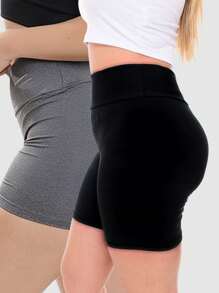 Kit 2 Women's Suplex High Waist Butt Lifting Fitness Gym Shorts - 灰/黑 - 查看 3