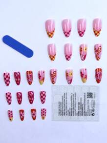 24PCS Heart Colorful French-Style Medium Square Press On Nails Flowers Fully Covered With Fake Nails And Grid Design-Beautiful Line And Flower Design - The Perfect Accessory For Women And Girls Who Love To Stand Out-1pc Nail File & 1Nail Glue Sticker Kit Nails For Girl Mother Women Gift, Whitening Nail Art Set With Detachable Fake Nails For Festival, Party, Date And Daily Wear