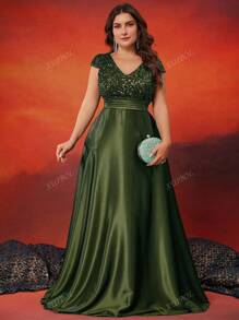 XUIBOL Plus Size Satin Puff Sleeve V-Neck Maxi Dress With Pockets, Elegant Luxury Formal Gown For Wedding Party, Spring/Summer, Wedding Guest Dress, Evening Dress