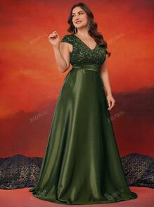 XUIBOL Plus Size Satin Puff Sleeve V-Neck Maxi Dress With Pockets, Elegant Luxury Formal Gown For Wedding Party, Spring/Summer, Wedding Guest Dress, Evening Dress