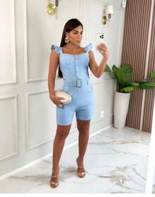 Women's Jumpsuit With Covered Button And Belt Premium Crepe Knit Summer - Màu xanh nhạt - Xem 1