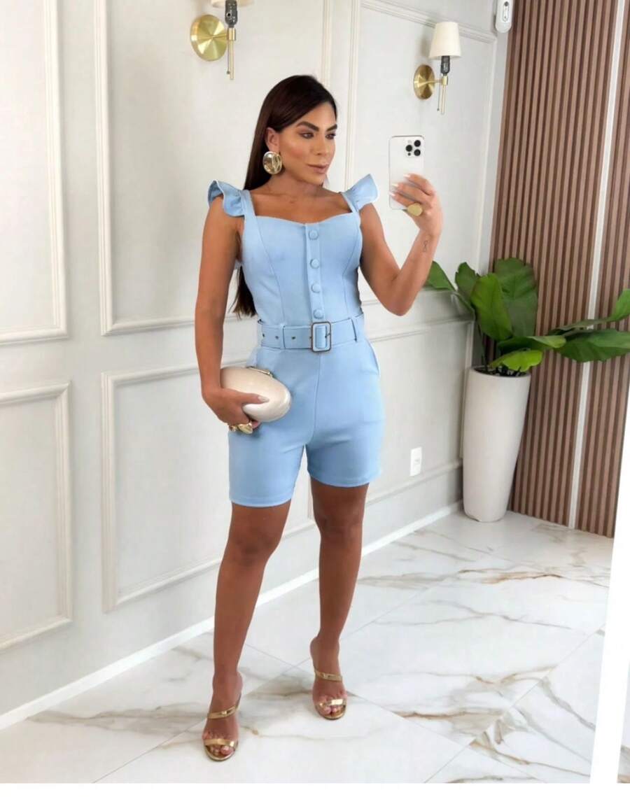 Women's Jumpsuit With Covered Button And Belt Premium Crepe Knit Summer - Màu xanh nhạt - Xem 1