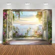 1pc,浪漫窗外风景摄影背景,窗外美丽风景和盛开的花园春天背景,家居装饰摄影棚拍摄影棚道具,派对装饰用品,家居墙面装饰用品,室内外装饰 - 彩色 - 查看 5