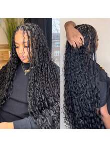 32 英寸全双蕾丝前部方形无结盒状编织假发，波西米亚风卷发末端，黑色盒状辫子假发，带婴儿头发，适合美国女性，合成蕾丝前部编织假发，日常使用，圣诞节、新年、狂欢节、音乐节 - 黑色 - 查看 6