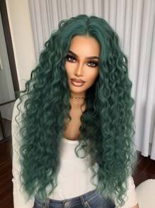 Tóc giả xoăn bồng bềnh dài 28 inch màu xanh lá cây, làm từ sợi tổng hợp, được thiết kế dành cho nữ, phù hợp cho các dịp lễ hội, hóa trang, Halloween, Giáng sinh và sử dụng hàng ngày. - màu xanh lá - Xem 2