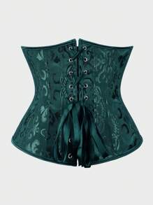 Underbust Corsets For Women,Corset Belt, Women's Floral Jacquard Lace Up Under Boob Corset Slimmer Body Shaper - 墨綠色 - 查看 3