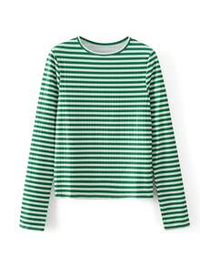 Women's Rib Knitted Striped T-Shirts Contrast Color Slim Fit Long Sleeve Round Neck Casual Tee Tops - 綠色 - 查看 6