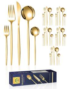 Juego de cubiertos de 15/20/30 piezas de acero inoxidable, elegante conjunto de cubiertos dorados de 15/20/30 piezas, conjunto de cubiertos con acabado dorado, cuchillos, tenedores y cucharas de cena reutilizables para uso diario y en el hogar, caja de regalo, útiles escolares