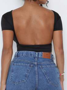 Moderna & Slim Short Sleeve Blouse With Fully Exposed Back - Blouse With Fully Open Back - Black - View 1