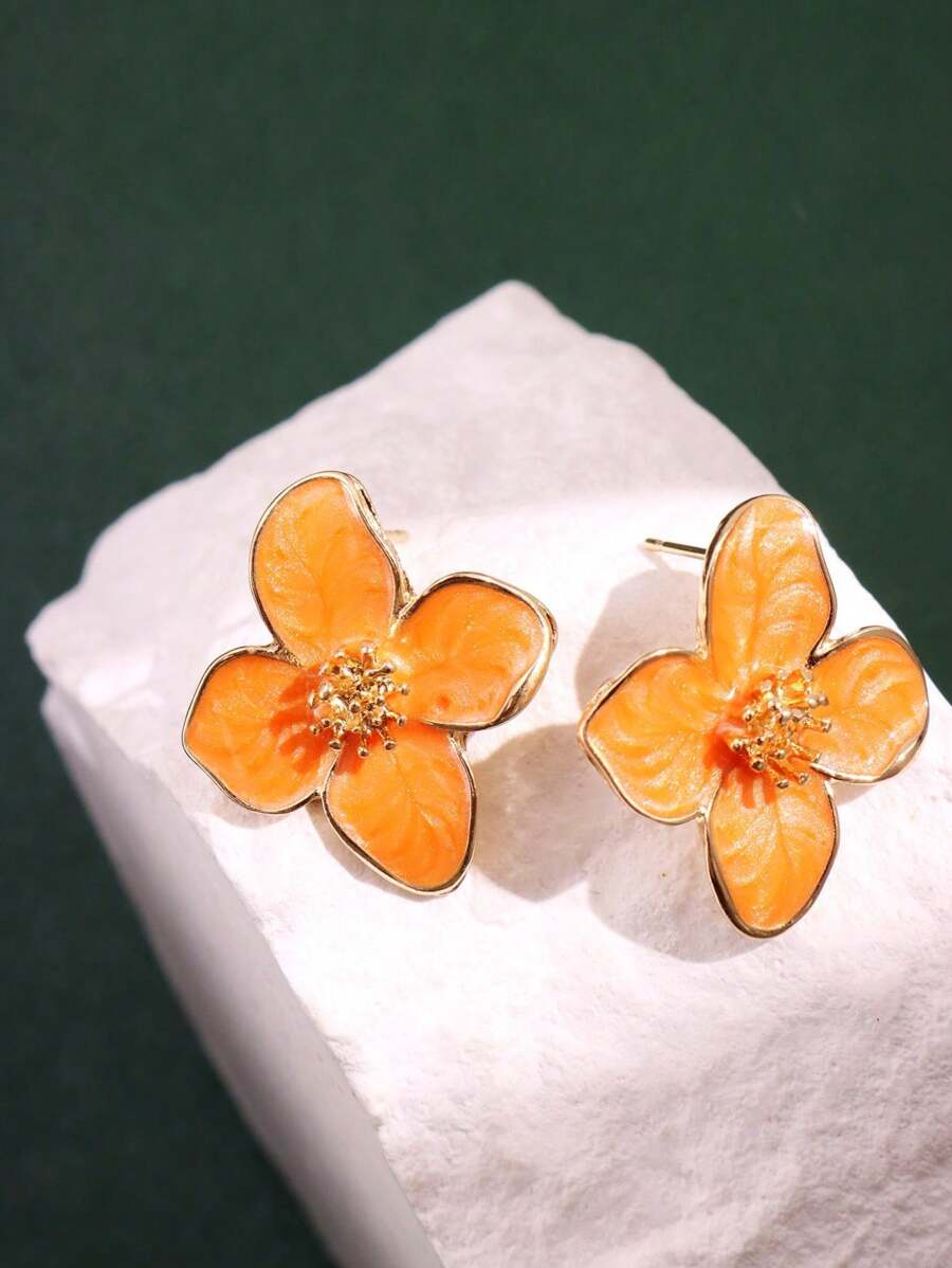 一对时尚芙蓉花水滴釉白花耳环，适合女性日常装饰 - 彩色 - 查看 1