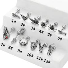 1 件 316L 不锈钢朋克骷髅、恐龙、蜘蛛、树叶、兔子、鬼脸穿孔耳环、时尚个性化耳环 - 銀色 - 查看 4