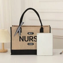 Thời trang Dung tích lớn Cổ điển Màu tương phản Chắp vá In chữ Túi Tote dành cho nữ Túi quà tặng ngày lễ Túi Tote thường ngày dành cho nam và nữ Túi mua sắm phổ thông Túi Tote - Màu Khaki - Xem 5