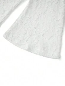 Blusa corta de encaje floral transparente para mujer, manga larga, escote corazón, lazo frontal, ropa de club - Blanco - Ver 7