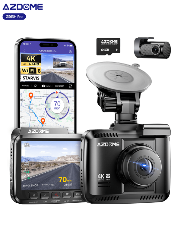AZDOME GS63H Pro Dashcam 4K per auto anteriore posteriore, doppia fotocamera per auto con GPS WiFi scheda SD da 64 GB, schermo IPS da 2,4 pollici, WDR, sensore G, registrazione in loop, modalità parcheggio 24 ore