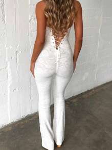 Women's Y2k Lace Jumpsuits Sexy Coquette Halter Neck Cross Backless Sleeveless Long Rompers Summer Slim Fit Playsuits Clubwear Streetwear - trắng - Xem 3