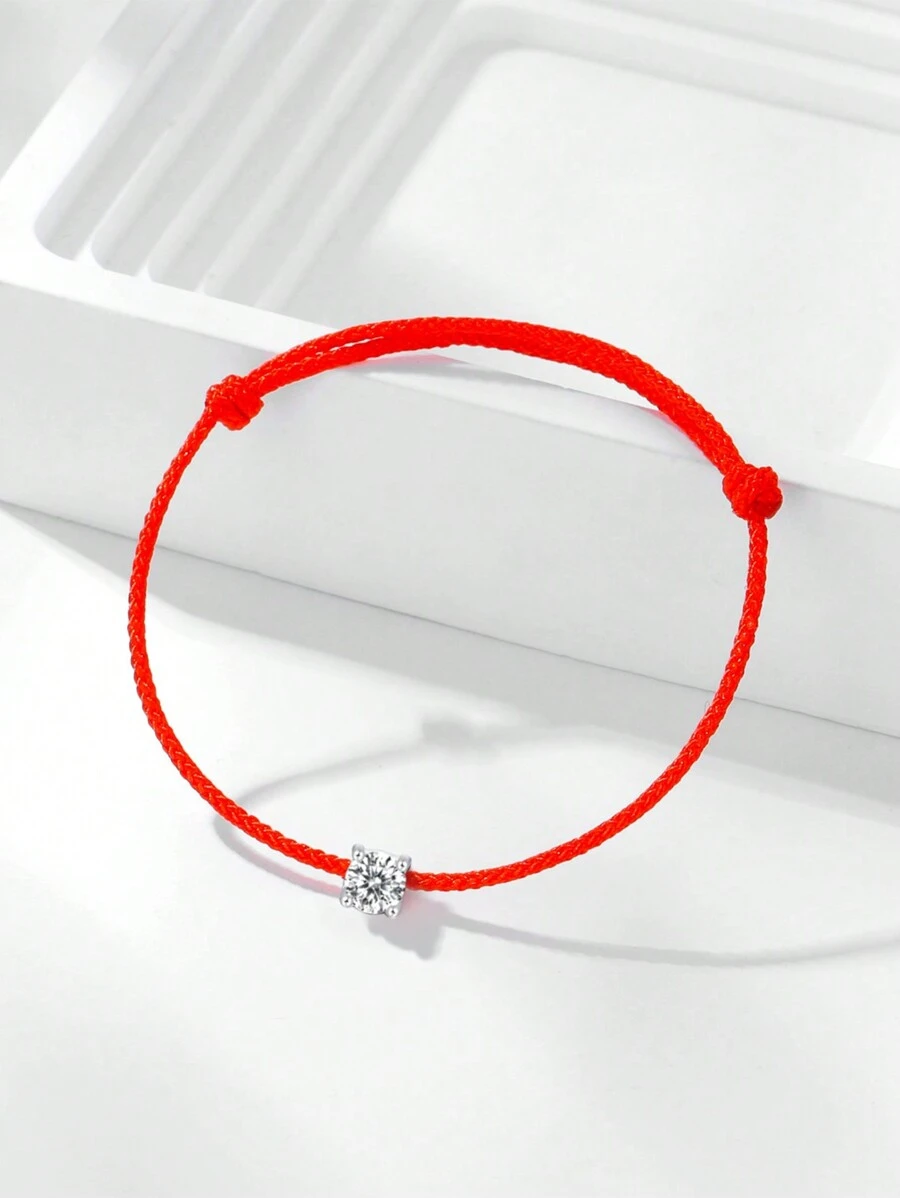 HuooNew 1pc Minimalist 925 Sterling Silver Zirconia Red Braided Adjustable Bracelet For Daily Wear - Red - View 1