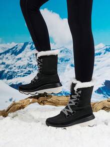 Women's Mid-Calf Snow Boots Platform Contrast Color Lace-Up Non-Slip Furry Warm Outdoor Winter Black Boots - màu đen - Xem 3