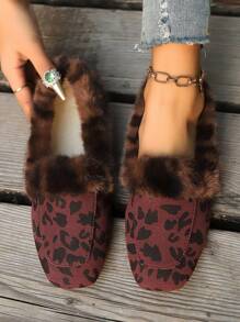 Women Flat Leopard Print Square Toe Slip-On Shoes, Warm Furry Indoor/Outdoor Casual Anti-Slip Shoes For Winter