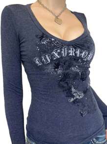 Womens Fairy Grunge T-Shirt Y2k Vintage V-Neck Long Sleeve Pullover Tops Slim Fitted Tops Aesthetic Clothes T-Shirt Graphic Tees Shirt E-Girl Streetwear Summer Spring Fall Basic Clothes Tops - 藏蓝色 - 查看 3