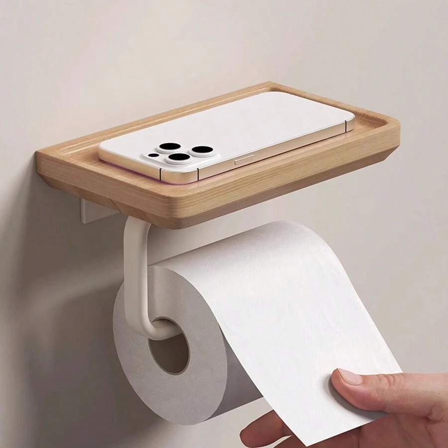 Wooden Tissue Paper Holder, Bathroom Toilet Paper Roll Dispenser, Phone Storage Rack - one-size - View 1