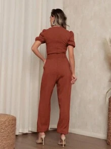 Linen Puff Sleeve Jumpsuit - 鏽棕色 - 查看 2