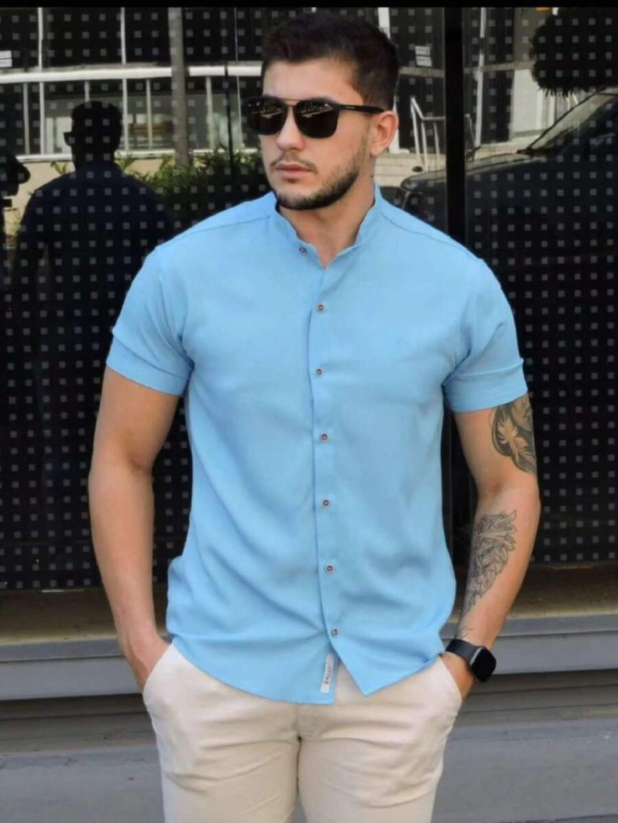 Men's Slim Fit Short Sleeve Priest Collar Dress Shirt - 淺藍色 - 查看 1