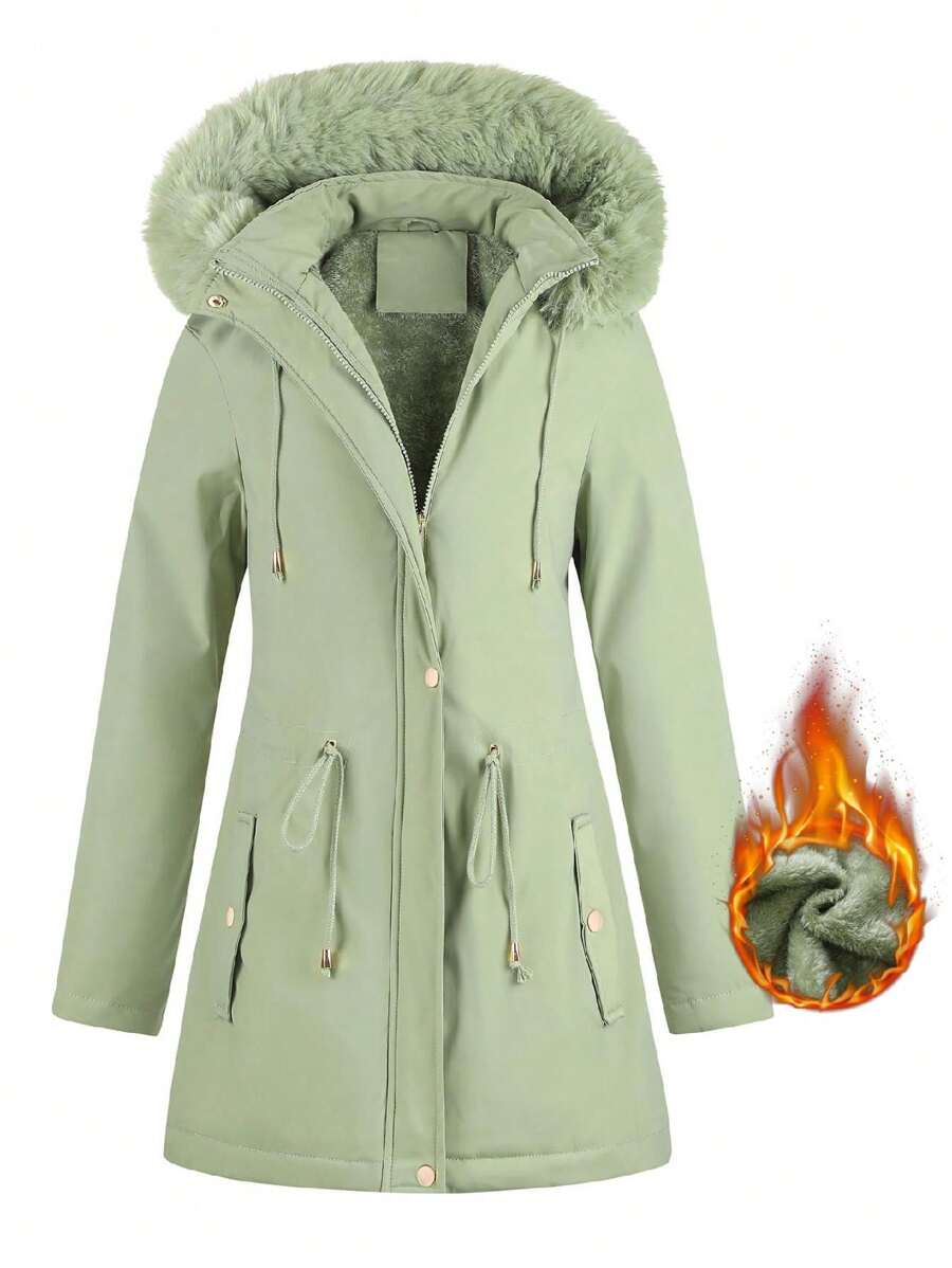 1pc Women Casual Minimalist Versatile Jacket, Mid-Length Detachable Hood, Solid Color Outdoor Fleece Winter Coat, Cinched Waist,Skiing