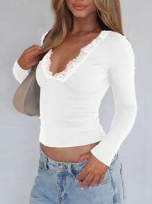 Women's Fashionable Sexy Fitted Lace Trim V-Neck Cropped Long Sleeve T-Shirt Blouse, Y2K Style, Autumn/Winter, Christmas Outfit - White - View 5