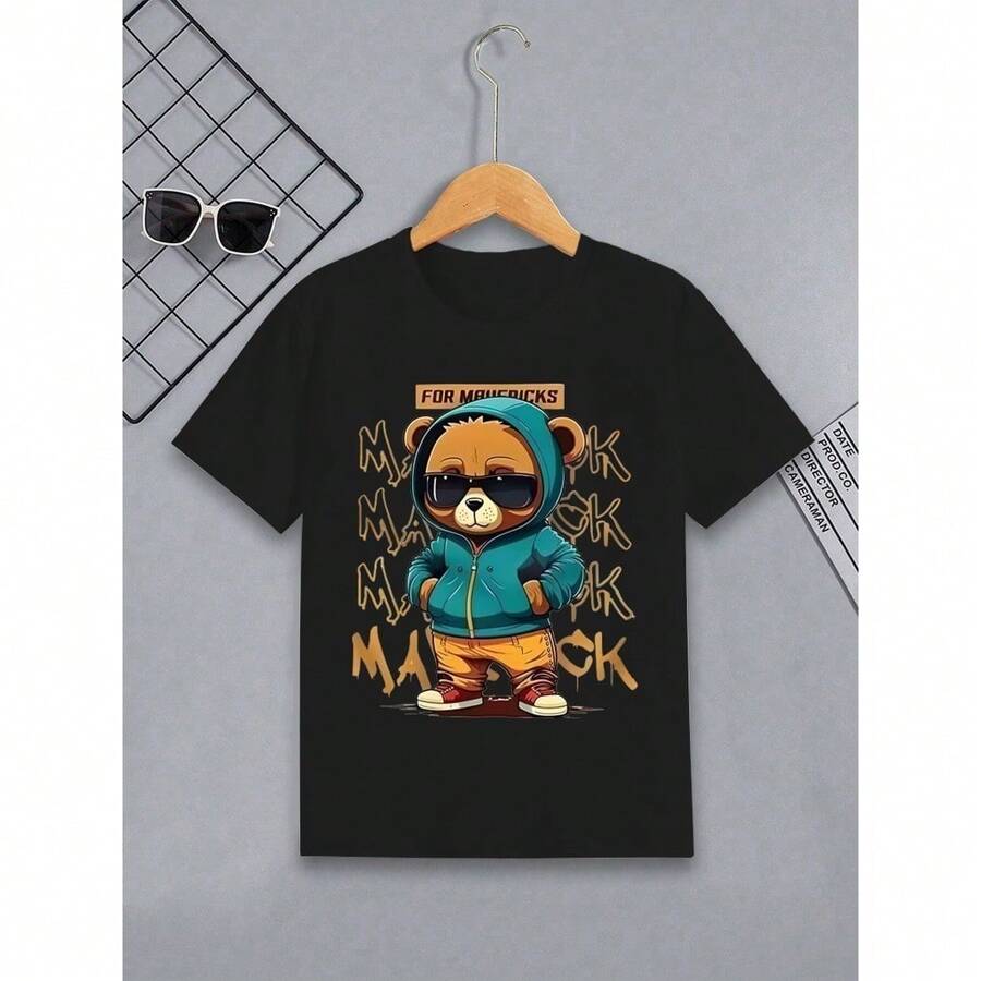 Camiseta Infantil Estampa Urso Maverick em Algodão para Menino ou Menina - Preto - Visão 1