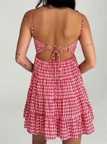 Women Spaghetti Strap Sleeveless Plaid Sweetheart Neck Back Tie Tiered Ruffle Flowy A Line Party Mini Dress - 紅色 - 查看 3