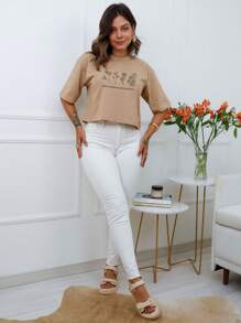 Women's Oversized Crop Top Cultivate Positive Thoughts - D34 - 米色 - 查看 4