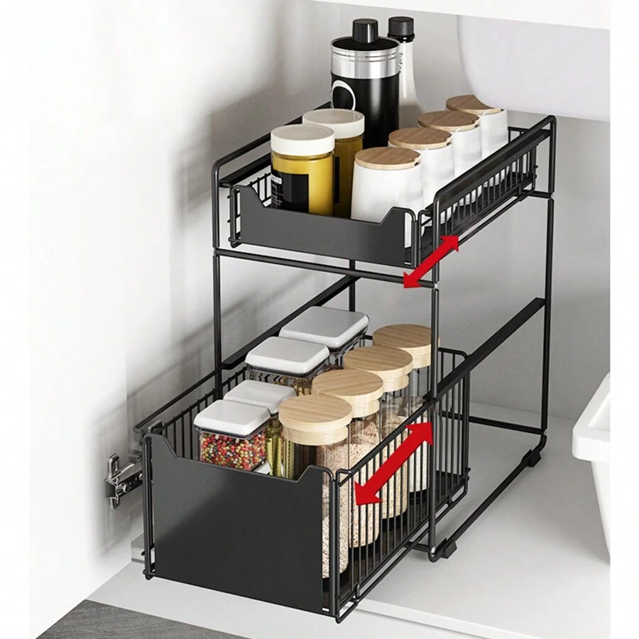 2-Tier Sliding Storage Basket For Kitchen Cabinets, Black/White - Black - View 1