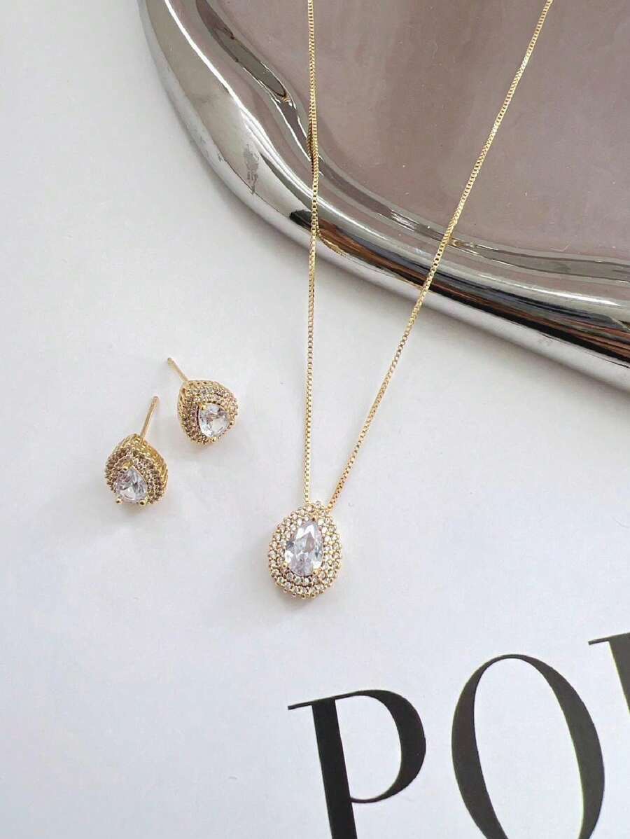 E.C SEMI JEWELLERY 1 KIT Women's Necklace And Earrings Set With Clear Zirconia Stone Plated - Vàng - Xem 1