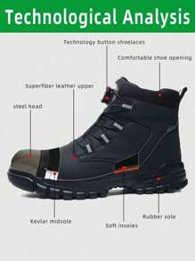男士安全工作靴，大码高帮户外工业鞋，合成革鞋面搭配EVA鞋底，适用于建筑、采矿、徒步、狩猎等多种场合，春、秋、冬四季皆宜。 - 黑色 - 查看 6