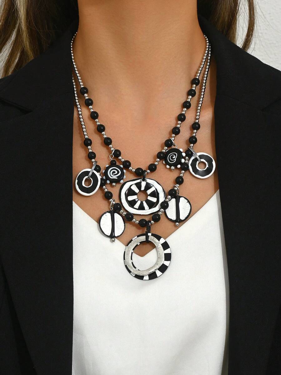 1 chiếc phụ kiện cổ điển, vòng cổ nhiều lớp hình học Bohemian Châu Âu và Mỹ dành cho nữ - bạc đen - Xem 1