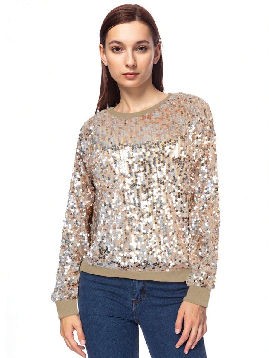Women's Glitter Sequin Sweatshirt Long Sleeve Pullover Tops With Ribbed Cuffs - Champagne - View 1