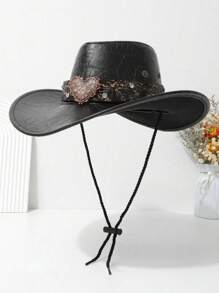 1 pièce Chapeau haut de forme en feutre avec un cœur en métal incrusté de strass, élégant et convenant pour les voyages, les fêtes, les soirées western cowboys et l'usage quotidien pour la Saint-Valentin