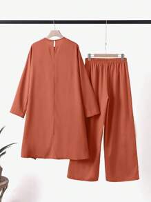Women's Solid Color Patchwork Long Sleeve Casual Top And Pants Arabic Style Set - Orange - View 3