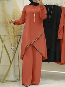 Women's Solid Color Patchwork Long Sleeve Casual Top And Pants Arabic Style Set - Orange - View 1
