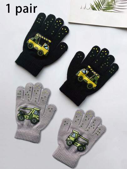 1 Pair Children Acrylic Knitted Gloves With Car Pattern, Warm Gloves For Autumn/Winter