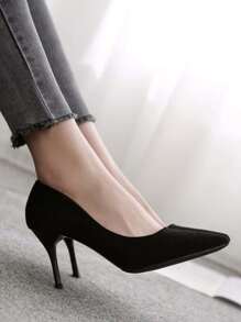 女士黑色麂皮尖头时尚高跟鞋，舒适百搭 - 黑色 - 查看 1