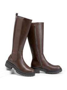 Women's Round-Toe Knee-High Boots Pull On  Flat Solid Color Comfortable Fashionable Boots - màu nâu - Xem 2