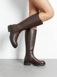 Women's Round-Toe Knee-High Boots Pull On  Flat Solid Color Comfortable Fashionable Boots - màu nâu - Xem 4