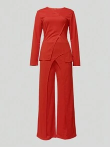 Completo da donna elegante e da ufficio per l autunno e l inverno, composto da top asimmetrico con zip e aperture, abbinato a pantaloni dritti, di colore solido, in stile alla moda - Arancione - Visualizzare 4