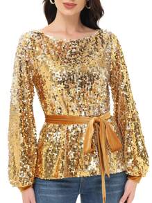 Long Sleeve Sequin Crew Neck Fashion Pullovers Sweatshirt Evening Party - 金色 - 查看 1