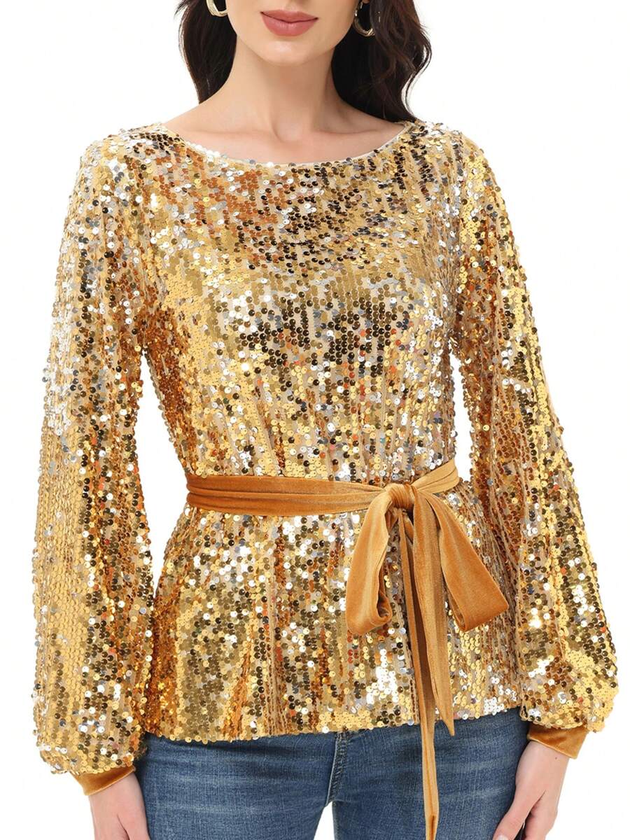 Long Sleeve Sequin Crew Neck Fashion Pullovers Sweatshirt Evening Party - 金色 - 查看 1