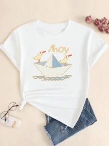 Cotton T-Shirt Cartoon Style Cute Animals Babylook Premium Breathable Comfort Summer T-Shirt - 白色 - 查看 1