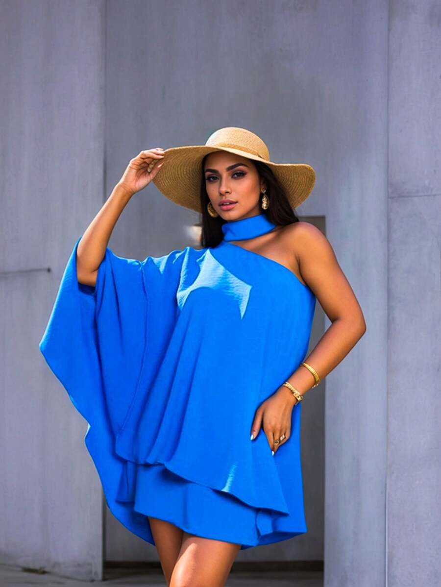 Beach Dress Mule Manca Ruffle Sleeve With High Neck Open Shoulder Crepe Fabric Modern Elegant Classic Sophisticated Traditional Vintage Modern With Bold Sleeve For Weddings Casual Events Graduation New Year And Christmas Promotion Work Fashion Summer Fashion - 藍色 - 查看 1