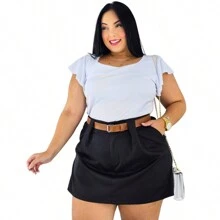 Short Skirt Plus Size Tailored With Belt Various Colors Summer - 套件 2 黑色/米色 - 查看 2